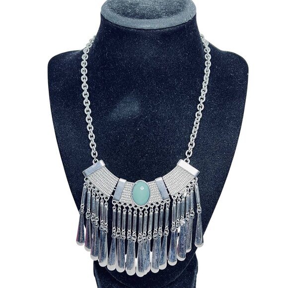 Silver Tone Statement Necklace W/Blue/Green Cabochon And Dangling Fringe (5533) - Picture 1 of 6